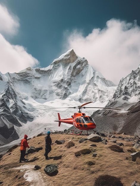 Ein Hubschrauber ist auf einem Berg mit einem Berg im Hintergrund geparkt