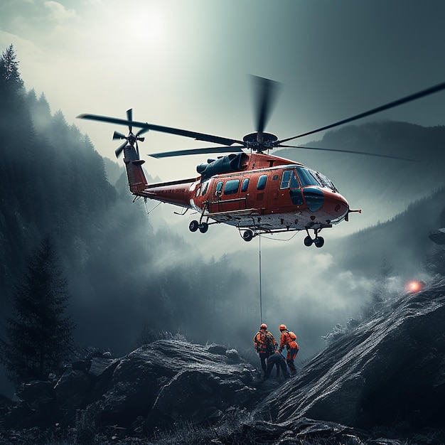ein Hubschrauber trägt einen Mann in orangefarbener Weste und das Wort Rettung auf der Unterseite.