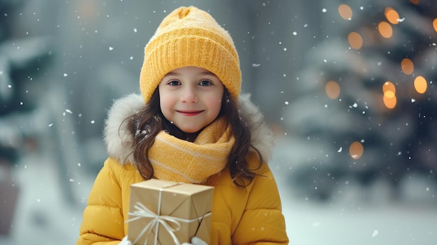 Ein hübsch lächelndes Mädchen hält Weihnachtsgeschenke in der Hand, während es gegen den Hintergrund eines geschmückten Christma steht