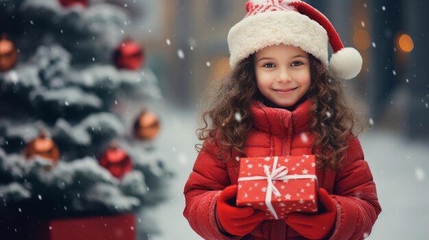Ein hübsch lächelndes Mädchen in roter Jacke und Hut hält Weihnachtsgeschenke, während es gegen