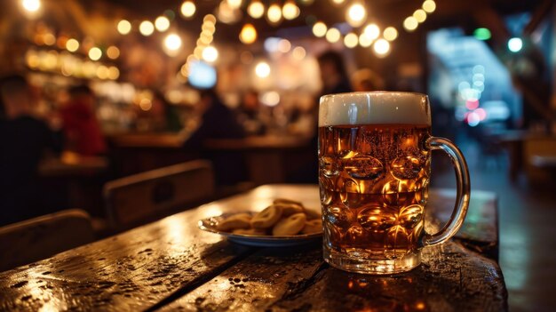 Ein hübscher alter junger Mann in einer modernen Bar, eine gedämpfte, tropfende Tasse leichtes Amberbier mit einer Schaumkappe.