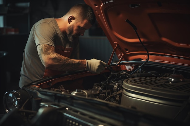 Foto ein hübscher bärtiger mann arbeitet an einem auto-motor in einer garage