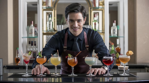 Ein hübscher Barkeeper, der an der Theke Getränke und Cocktails zubereitet