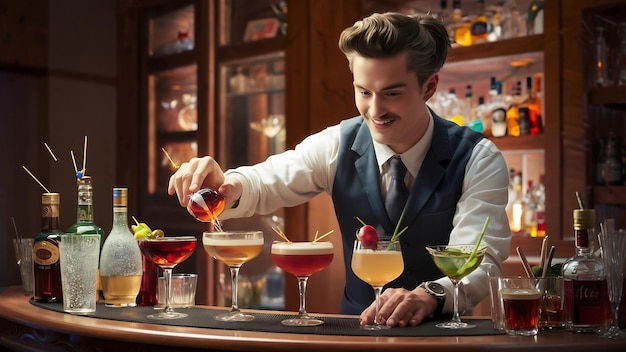 Ein hübscher Barkeeper, der an der Theke Getränke und Cocktails zubereitet