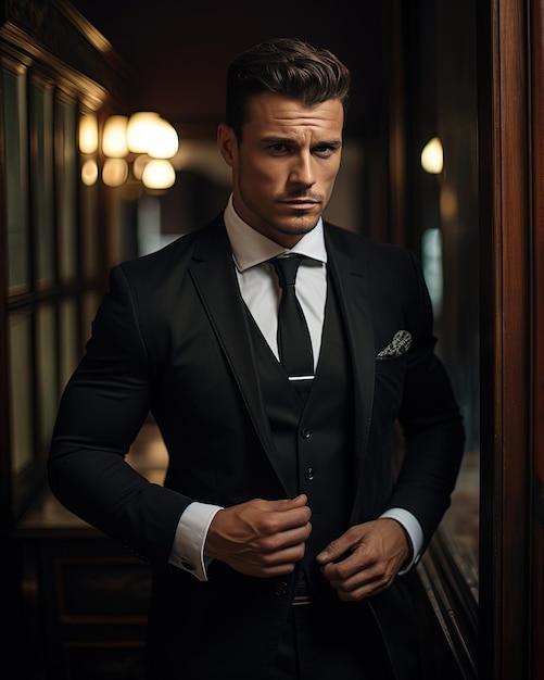 Ein hübscher, eleganter Mann in den Dreißigern in einem Anzug