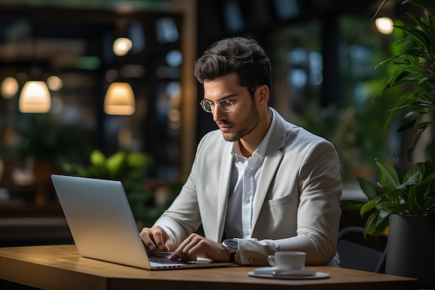 Ein hübscher Freelancer benutzt einen Laptop und trinkt Kaffee in einer hellen, modernen Umgebung.