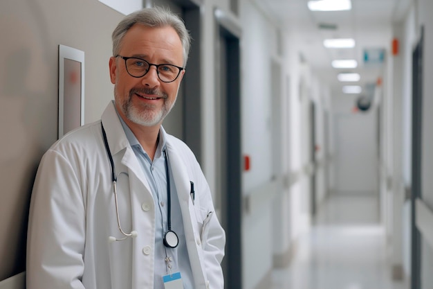 Ein hübscher, freundlich lächelnder Arzt mittleren Alters im Krankenhauskorridor, der in die Kamera schaut