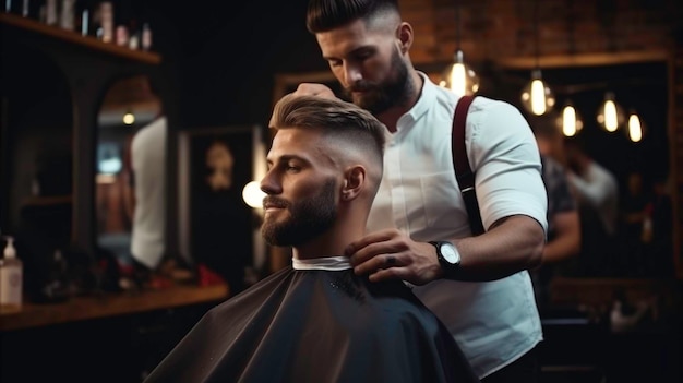 Ein hübscher Friseur schneidet den Haaren eines männlichen Kunden, ein Friseur bedient einen Kunden im Friseursalon.