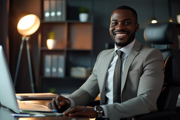 Ein hübscher, fröhlicher afroamerikanischer Geschäftsmann im Büro mit