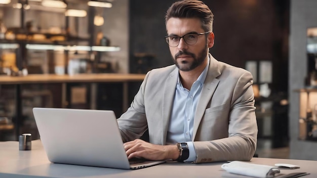 Ein hübscher Geschäftsführer arbeitet am Laptop, hält den Computer in der Hand und schaut auf die Kamera, die über ihm steht