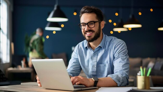 Ein hübscher Geschäftsmann mit Laptop und lächelndem Gesicht