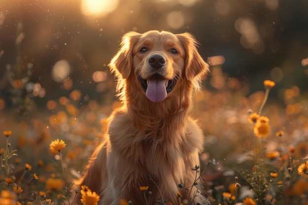 Ein hübscher Hund sitzt auf einem Blumenfeld mit ausgehängter Zunge