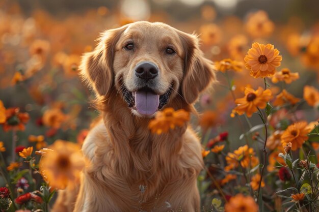 Ein hübscher Hund sitzt auf einem Blumenfeld mit ausgehängter Zunge