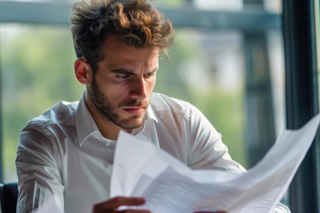 Ein hübscher junger kaukasischer Geschäftsmann sitzt im Büro und liest aus Zeitungen