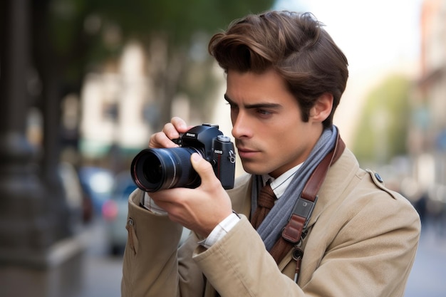 Ein hübscher junger Mann, der auf seiner Digitalkamera nach einem Foto sucht, das mit generativer KI erstellt wurde