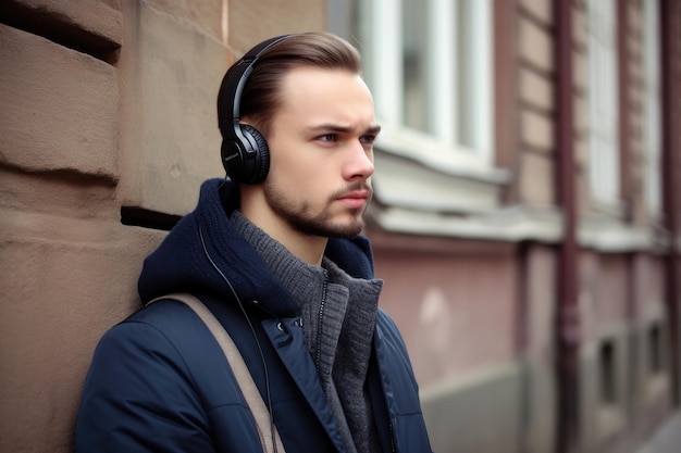 Ein hübscher junger Mann, der über seine Kopfhörer Musik hört, die mit generativer KI erstellt wurde