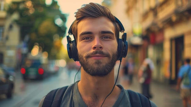 Ein hübscher junger Mann hört Musik mit Kopfhörern auf einer Stadtstraße und strahlt eine entspannte Vi aus