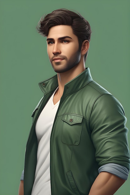 Ein hübscher junger Mann in einer grünen Jacke auf einem grünen Hintergrund
