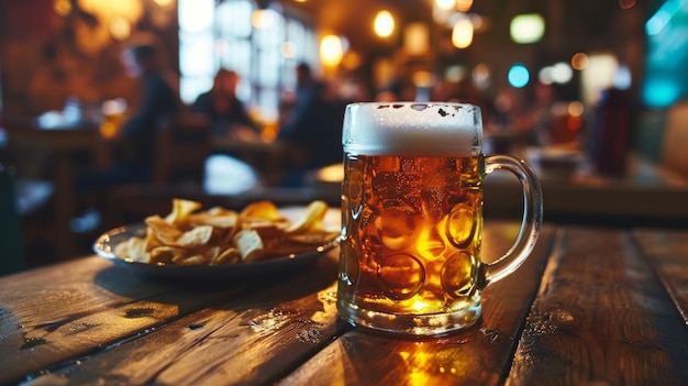 ein hübscher junger Mann in einer modernen Bar, der Bier trinkt, eine gedämpfte, tropfende Tasse leichtes Bernsteinbier mit einem