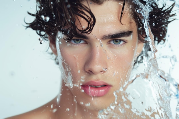 Ein hübscher junger Mann mit sauberer Haut und Wasser.