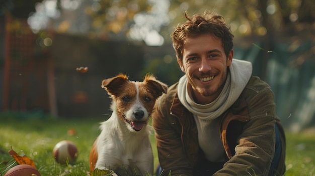 Foto ein hübscher junger mann spielt auf dem rasen seines hauses mit seinem jack russell-hund fangen