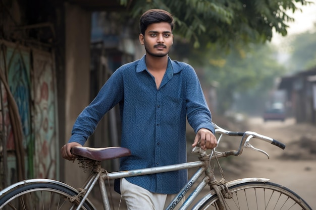 Ein hübscher junger Mann steht draußen mit seinem Fahrrad, das mit generativer KI erstellt wurde