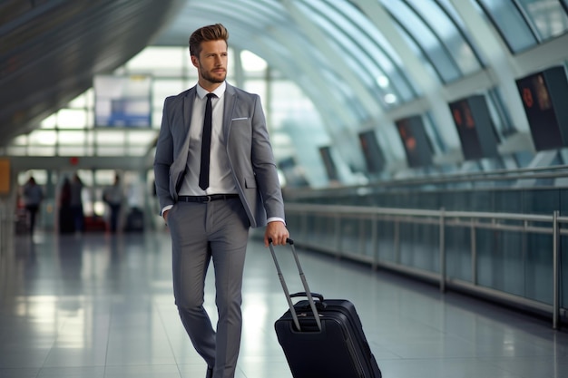 Ein hübscher junger Mann wird auf Geschäftsreise gehen und mit seinem Gepäck am Flughafen spazieren gehen