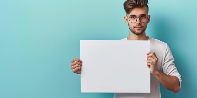 Foto ein hübscher kaukasischer mann hält ein leeres poster mit dem schild generative ki