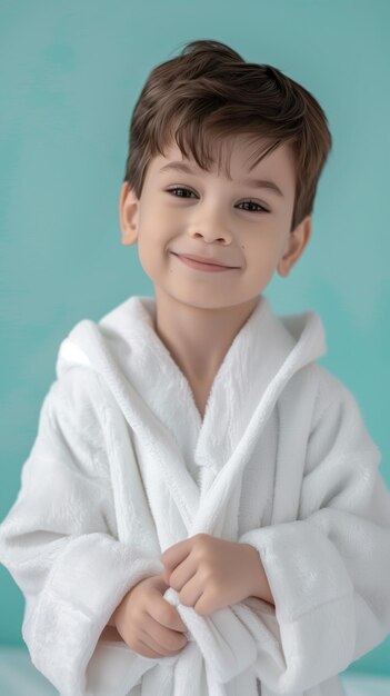 Foto ein hübscher kleiner junge trägt nach der dusche einen bademantel