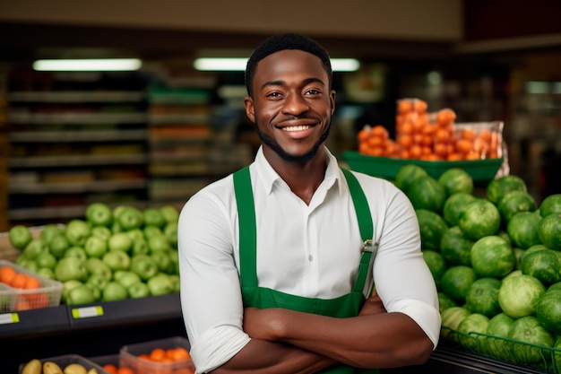 Ein hübscher männlicher Supermarktmitarbeiter auf einem Hintergrund von frischem Gemüse und Obst