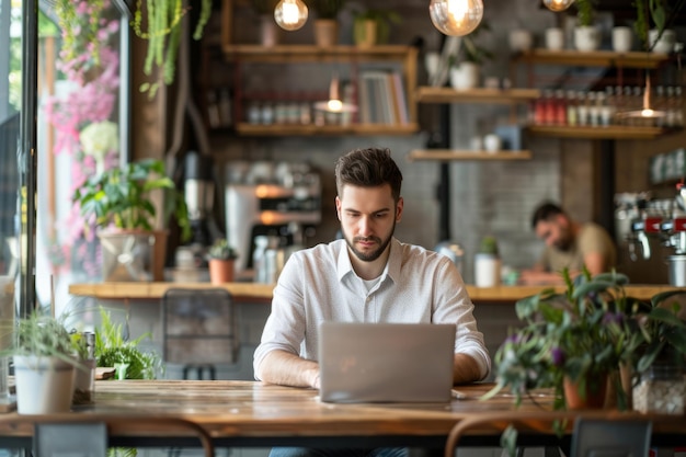 Ein hübscher Mann arbeitet an einem Laptop in einem gemütlichen Café Generative KI