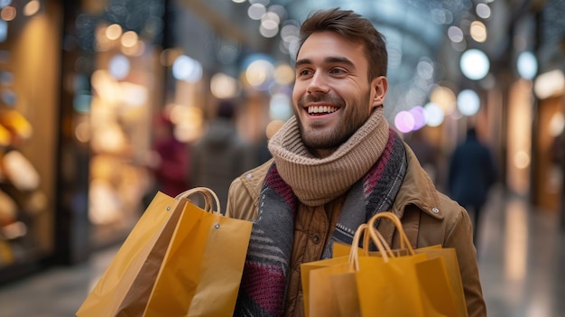 Ein hübscher Mann freut sich daran, Geschenke im Einkaufszentrum zu kaufen