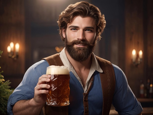 Foto ein hübscher mann mit einem becher frostiges bier oktoberfest