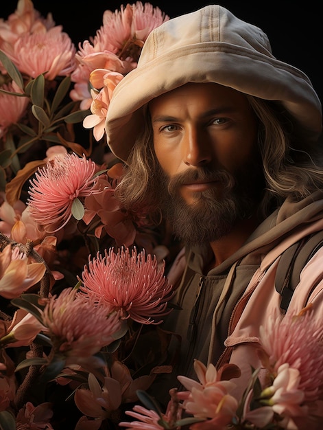 Ein hübscher Mann mit Protea-Blumen