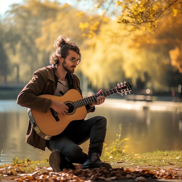 Ein hübscher Mann spielt tagsüber unter einem schattigen Baum eine Akustikgitarre