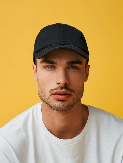 Foto ein hübscher mann trägt ein weißes t-shirt und eine schwarze mütze, während er in die kamera schaut