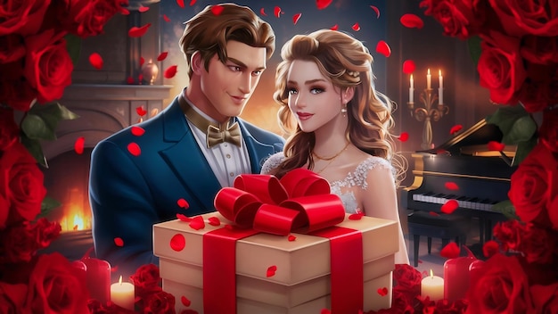 Ein hübscher Mann und eine attraktive Frau schauen sich eine Schachtel mit roten Rosen als Geschenk an.