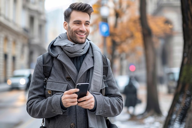 Ein hübscher, professioneller Mann, der mit seinem Handy durch die Stadt geht.