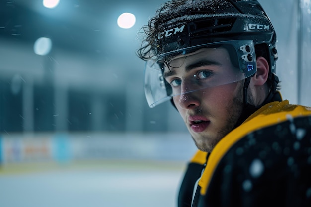 Foto ein hübscher profi-eishockey-spieler, der nicht in die kamera schaut, heiß, neblig und nass.