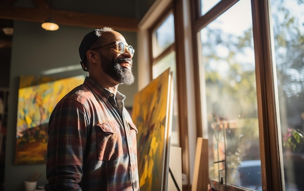 Ein hübscher schwarzer Mann im Atelier der Malerei-Klasse KI