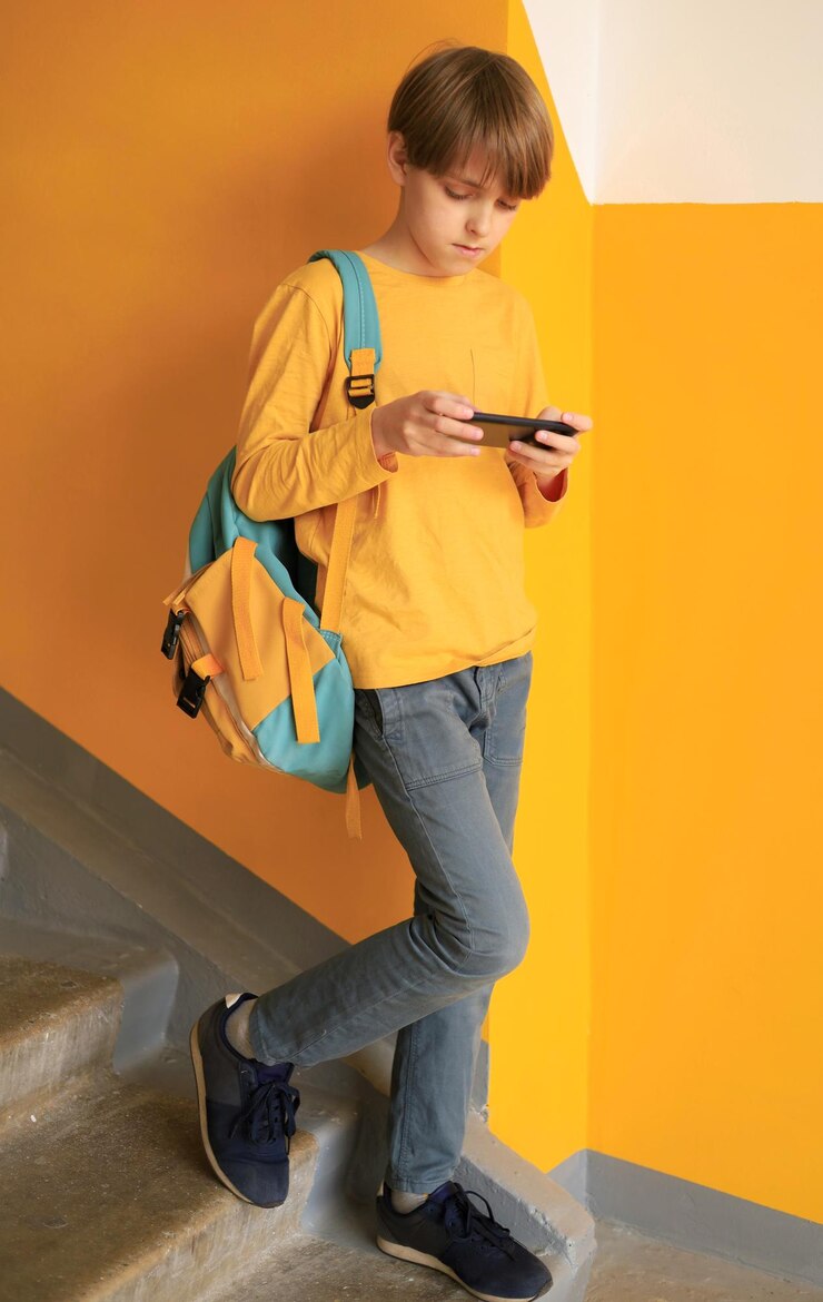 Ein hübscher Teenager in einem gelben T-Shirt, der in der Nähe einer gelben Wand steht und telefoniert