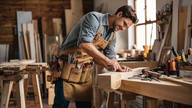 Ein hübscher Zimmermann arbeitet mit Holz