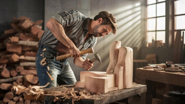 Ein hübscher Zimmermann arbeitet mit Holz