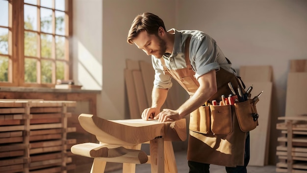 Ein hübscher Zimmermann arbeitet mit Holz