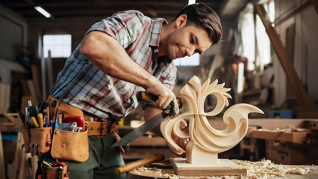 Ein hübscher Zimmermann arbeitet mit Holz