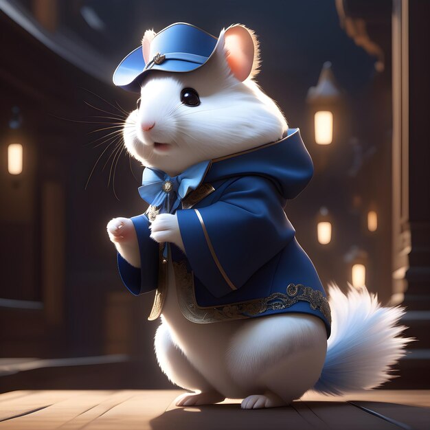 Ein hübsches anthropomorphes Hamstermodell mit weißem, verjüngtem Haar, gekleidet in einen blauen Cassuig