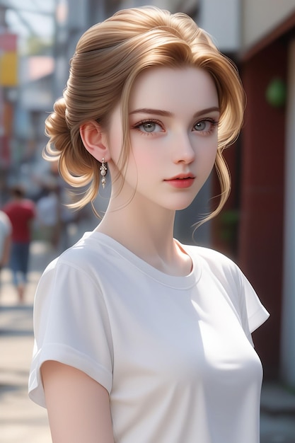 Ein hübsches europäisches Mädchen in weißem Hemd steht auf der sonnigen Straße im Cartoon-Stil
