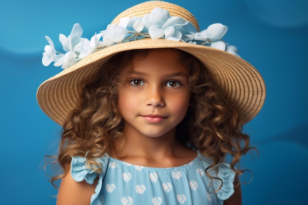 Ein hübsches kleines Mädchen mit einem Sommerhut auf blau