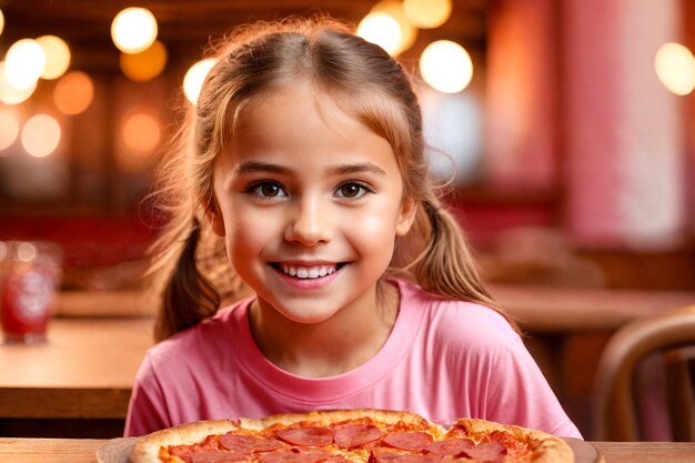 Ein hübsches lockiges blondes Mädchen isst Pizza in einem italienischen Restaurant