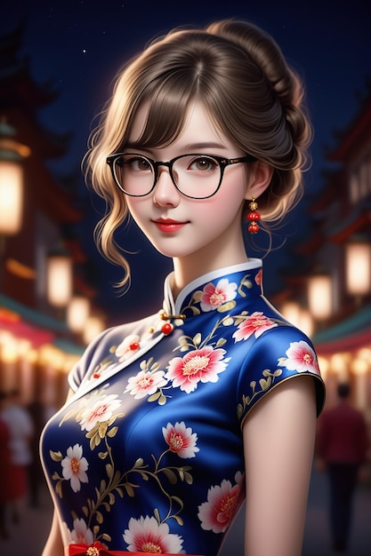 Ein hübsches Mädchen in Cheongsam und Brille in der Nacht in Cartoon Stye